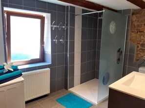 Shower, hair dryer, towels, soap