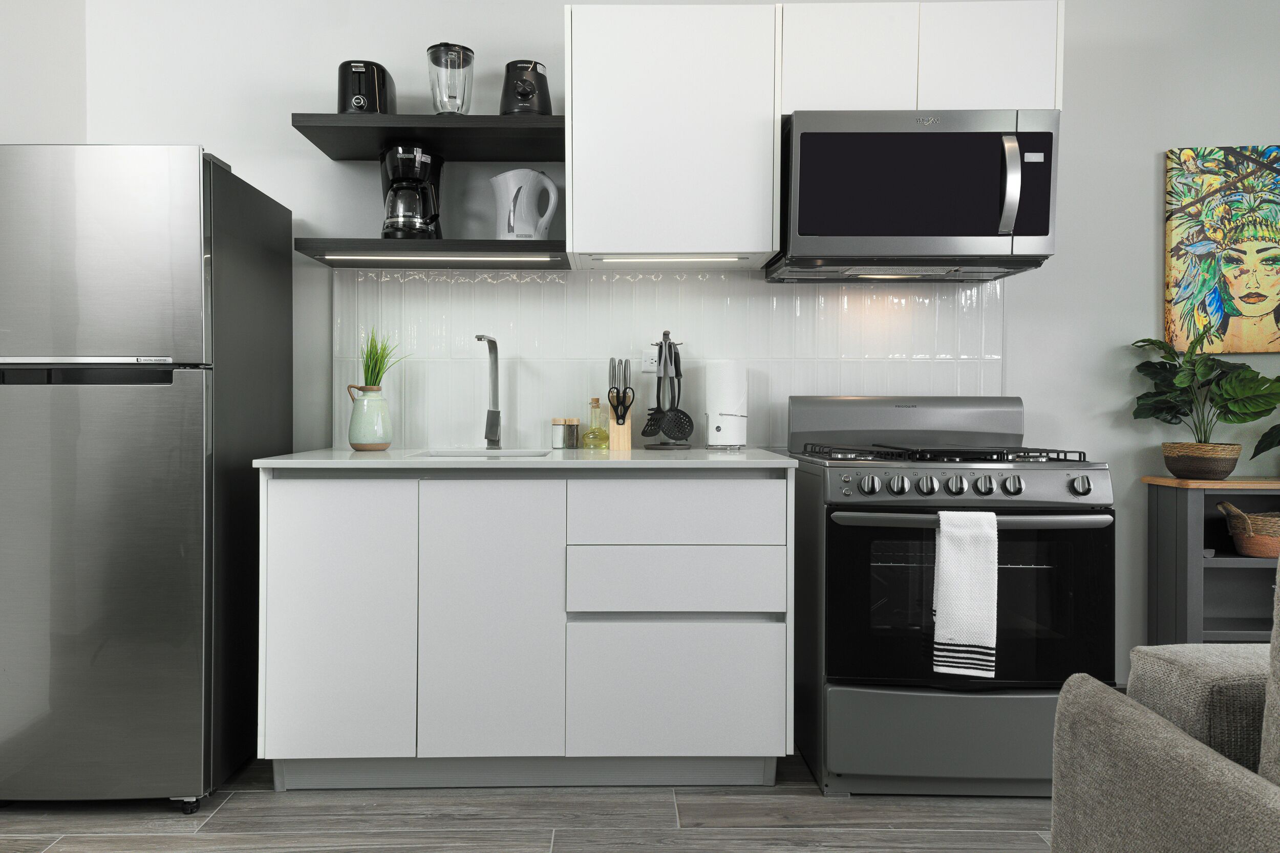 Fridge, microwave, oven, electric kettle