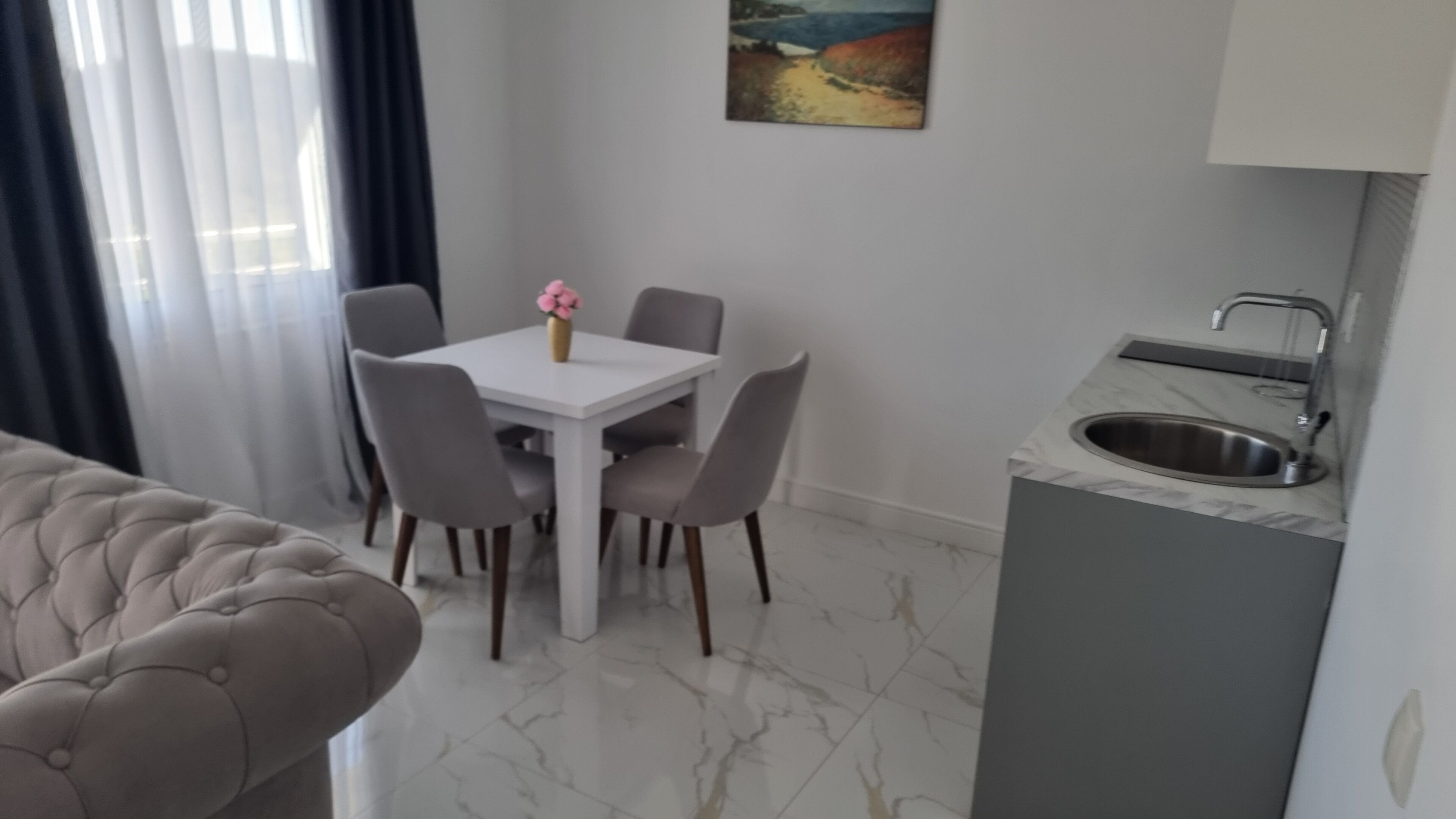 A compact living space with a dining table, chairs, a sofa, a kitchen area with a sink, and a painting on the wall.
