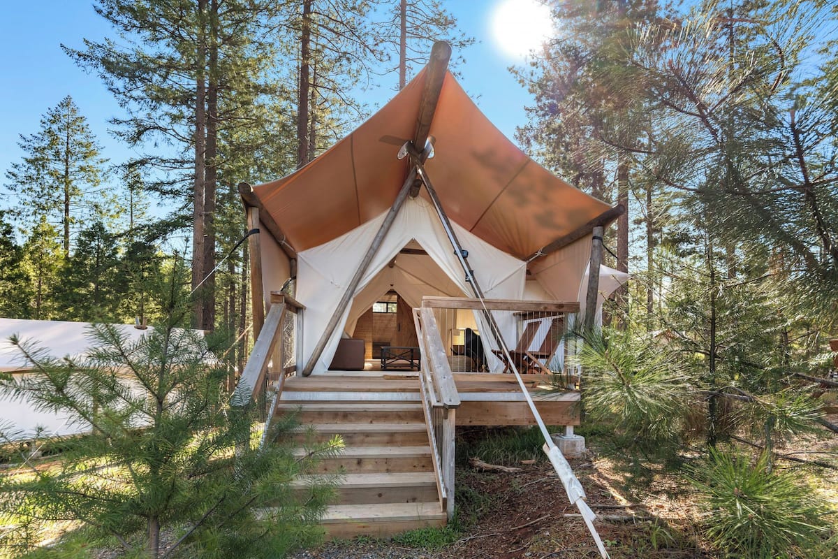 A tent with a wooden staircase leading to a door, surrounded by trees.