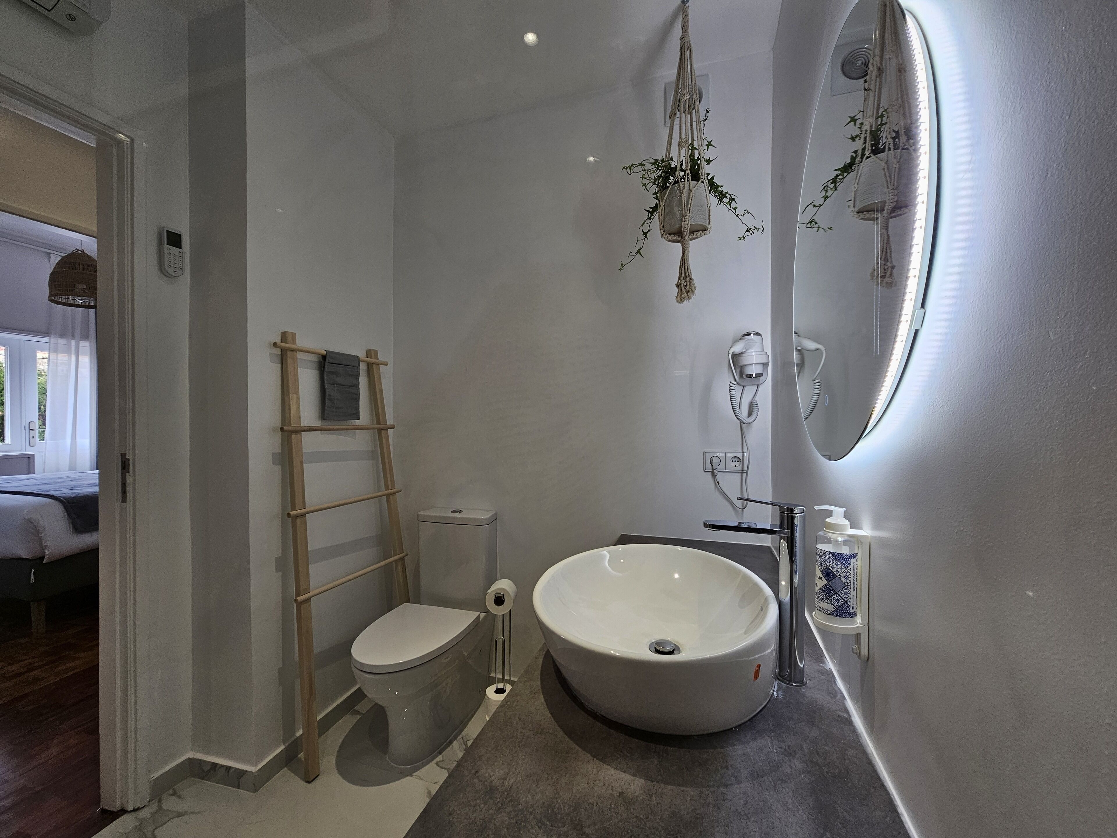 A modern bathroom with a large oval sink, a toilet, a wooden ladder, and a hanging plant.