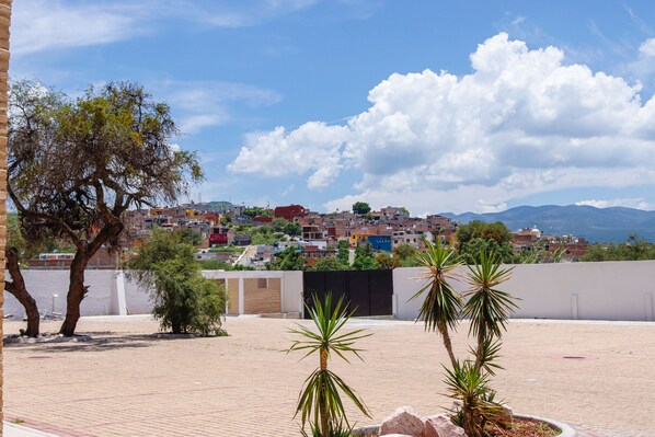 Terraza en la azotea con vistas a un pueblo, que incluye un árbol y algunas macetas con plantas.