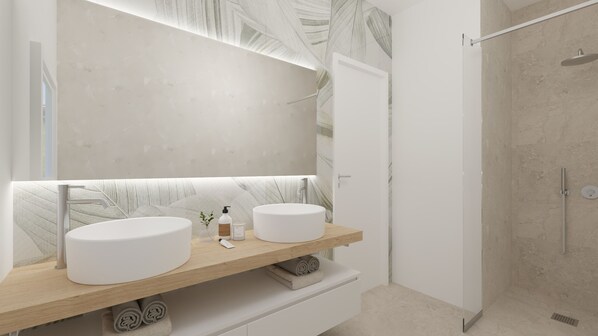 Shower, hair dryer, bidet, towels
