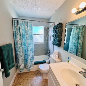 A bathroom with a shower, toilet, and sink. - Cozy 3 Bedroom Home. Pet Friendly! (Hernando Beach)