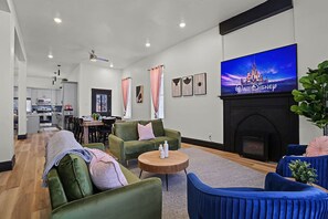 Smart TV, fireplace, video games, foosball