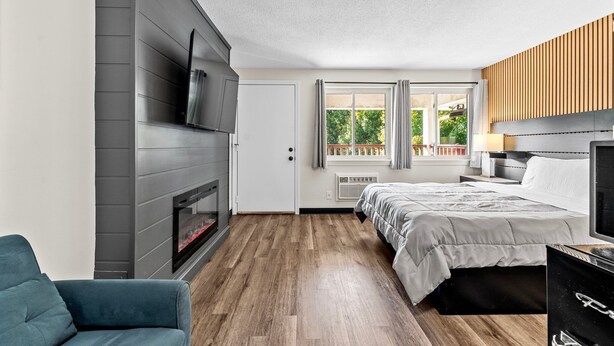 Un dormitorio moderno con chimenea, una cama, un televisor y vistas al exterior.