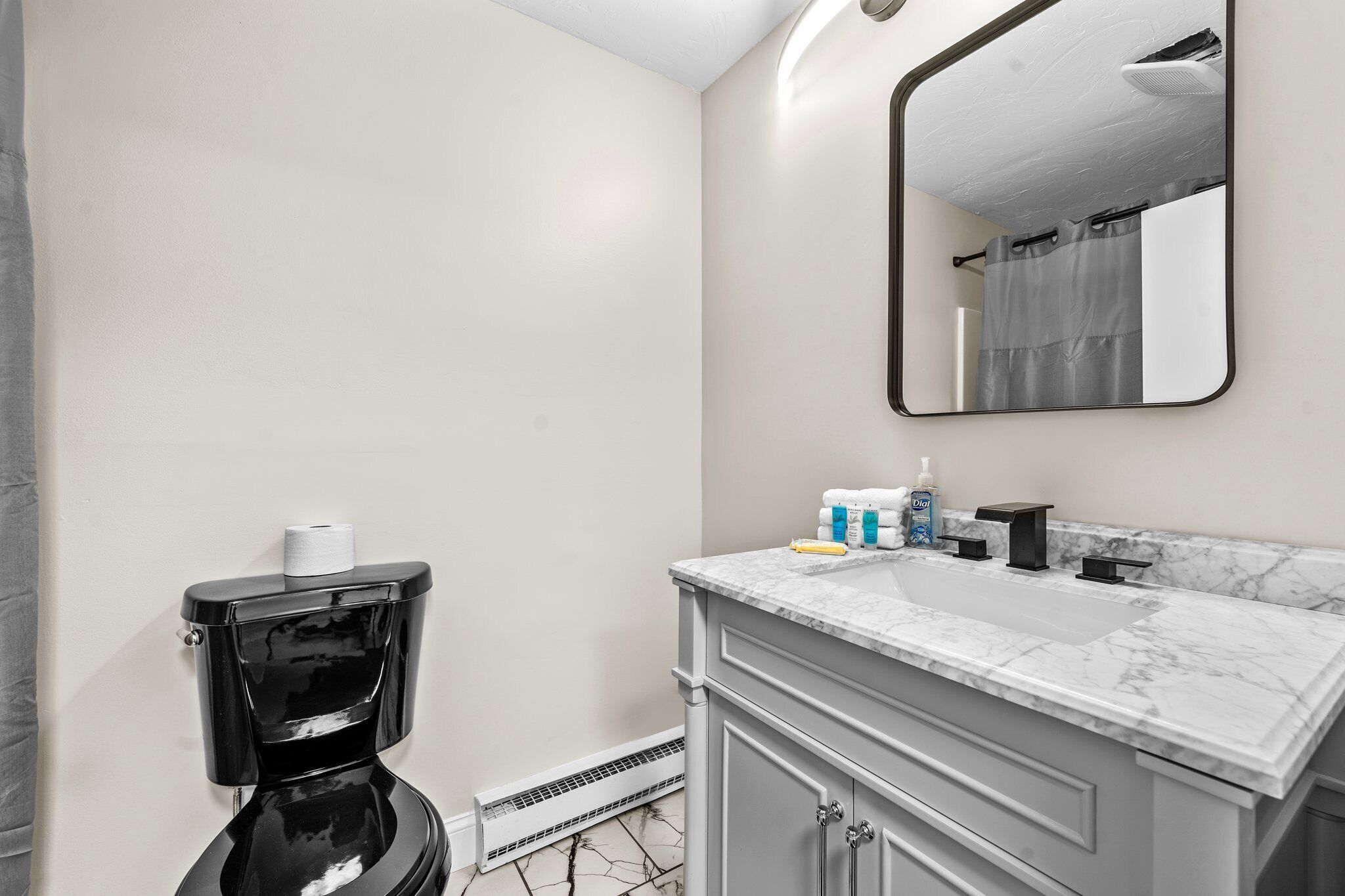 A bathroom with a toilet, a sink, a mirror, and a heater.