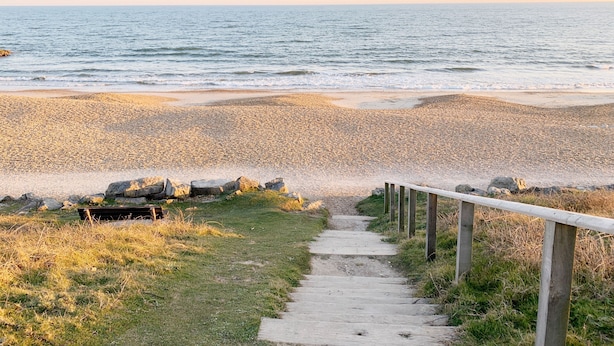 Ein Weg führt zu einem Strand mit Holzgeländer, Kies und ruhiger See.