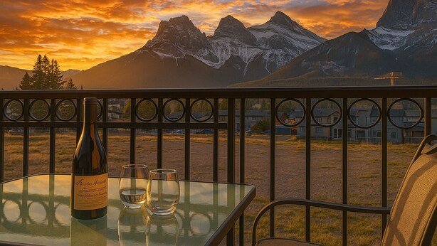 A table with a bottle and glasses, overlooking a mountainous landscape with a sunset.