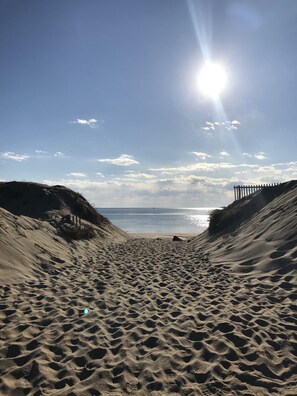 A sandy beach with a clear sky and the sun shining.