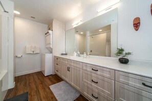 Hair dryer, towels, soap, shampoo