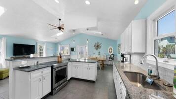 Fridge, microwave, coffee/tea maker, cookware/dishes/utensils