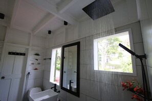 Shower, towels, soap, shampoo