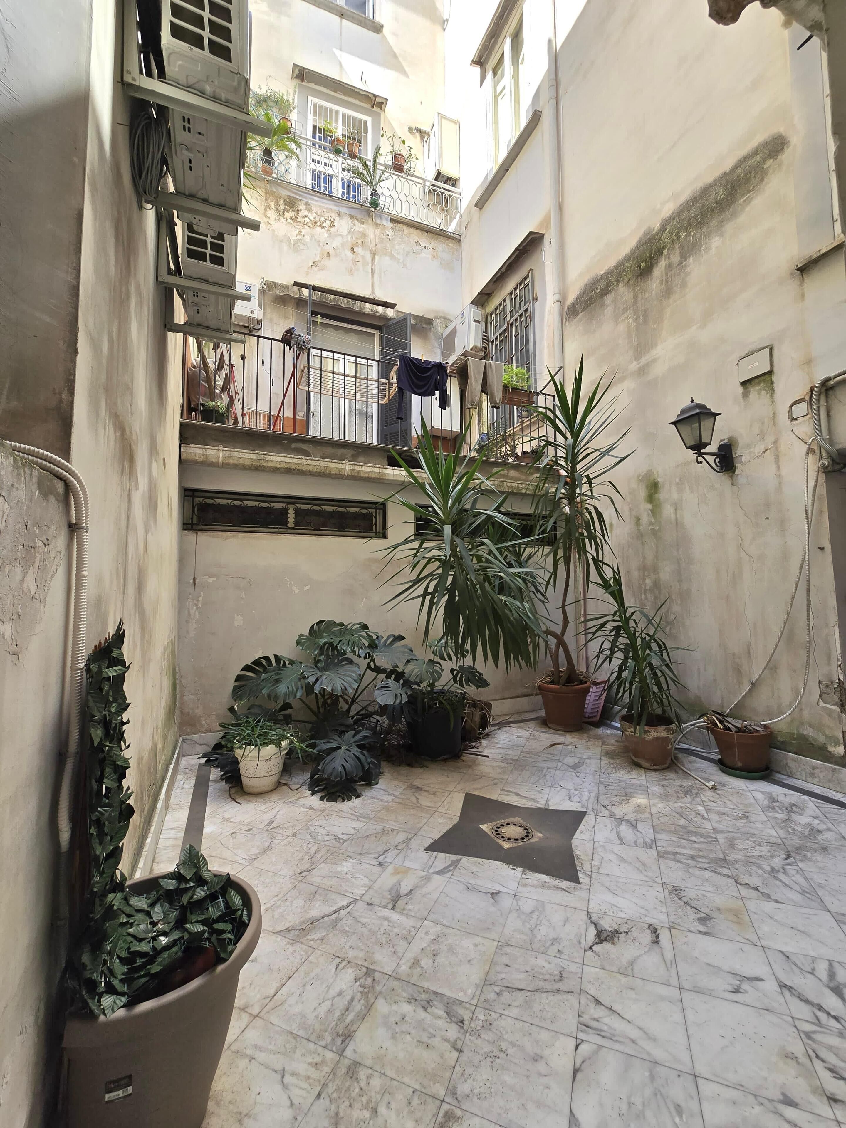 A narrow courtyard with potted plants, a tiled floor, and a building with balconies.