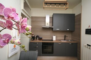 Kühlschrank, Ofen, Herdplatte, Wasserkocher mit Kaffee-/Teezubehör