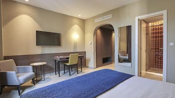 Una habitación de hotel con cama, escritorio, silla, televisor y zona de ducha.