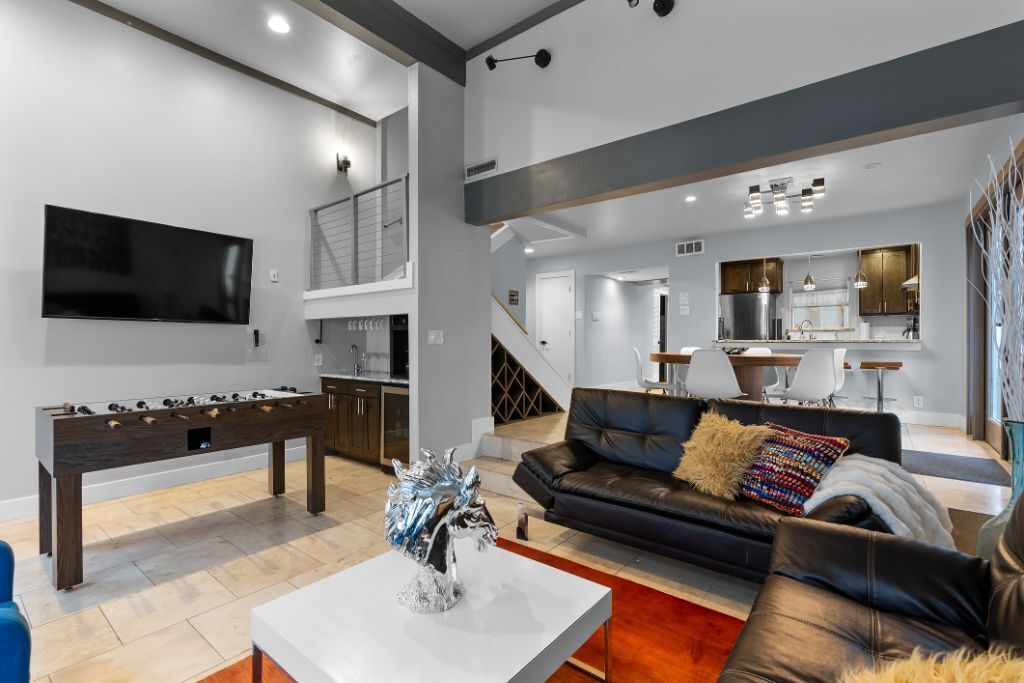 Smart TV, fireplace, foosball, printers