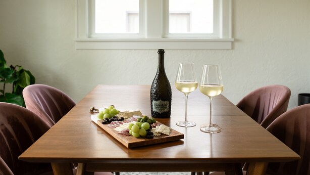 Uma mesa de madeira com uma garrafa de vinho, duas taças de vinho e uma tábua de frios com uvas, azeitonas e queijo.