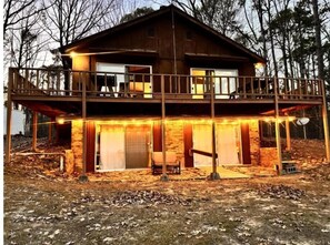 Lower patio has party lights.
Sit on the upper deck to view the valley.