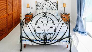 2 bedrooms, desk, blackout curtains, iron/ironing board