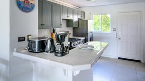 A modern kitchen with grey cabinets, a stainless steel refrigerator, a coffee maker, and a toaster. - Wild Lotus Villa - Waterfront on Jolly Harbour (Jolly Harbour)