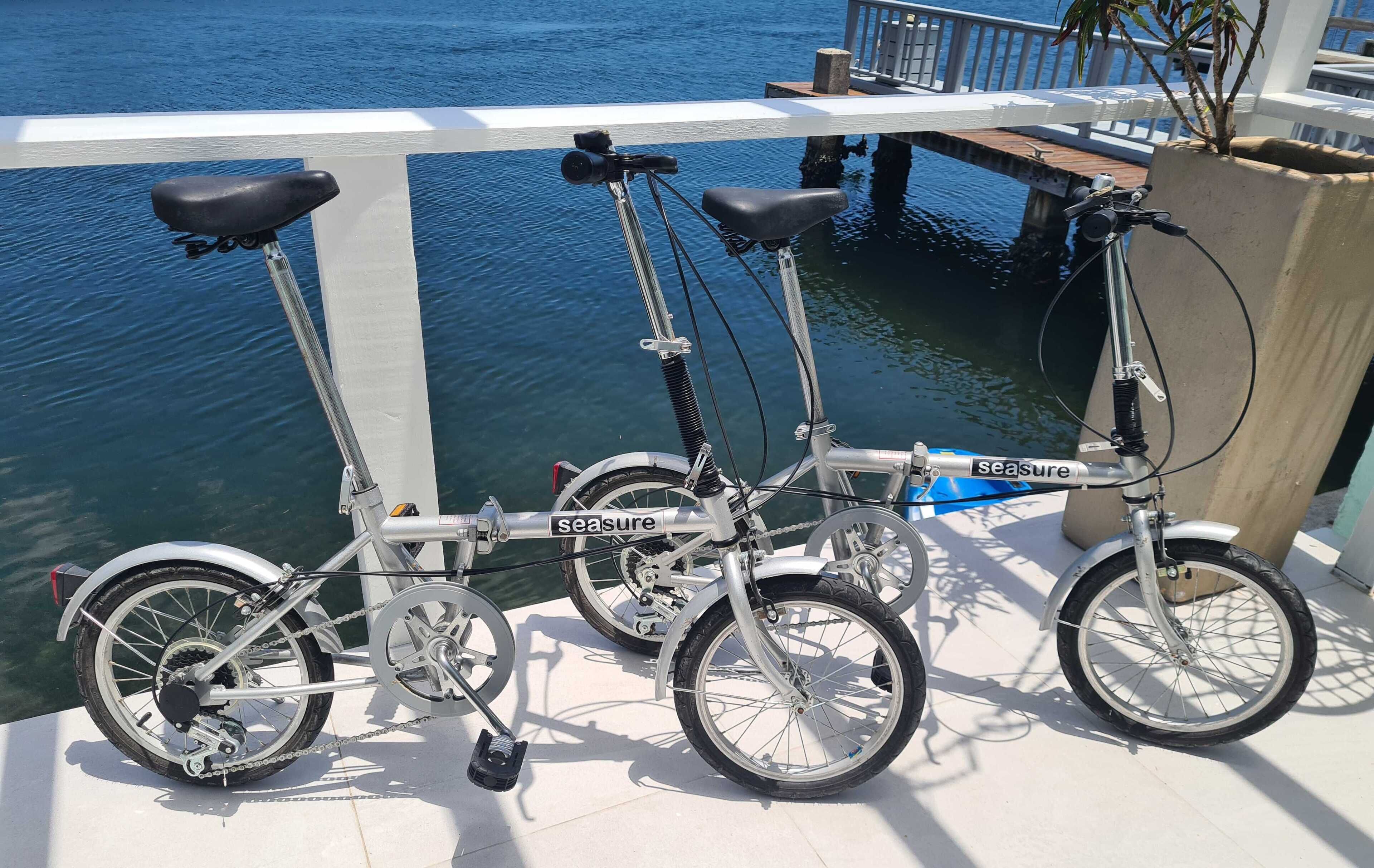 Two bicycles parked on a dock with a water body in the background.