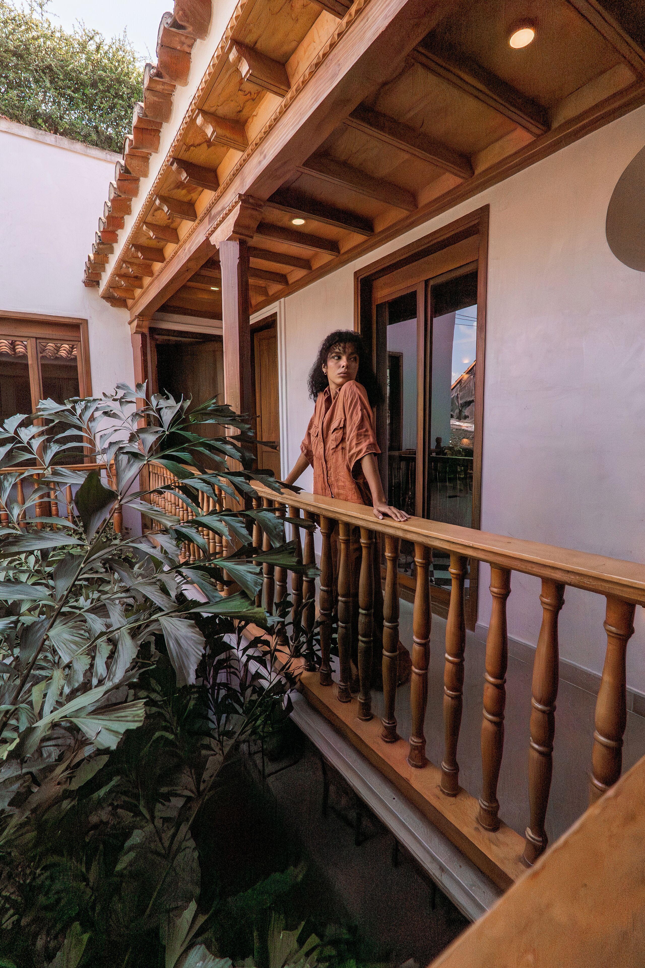 A balcony with wooden railings and large leafy plants.