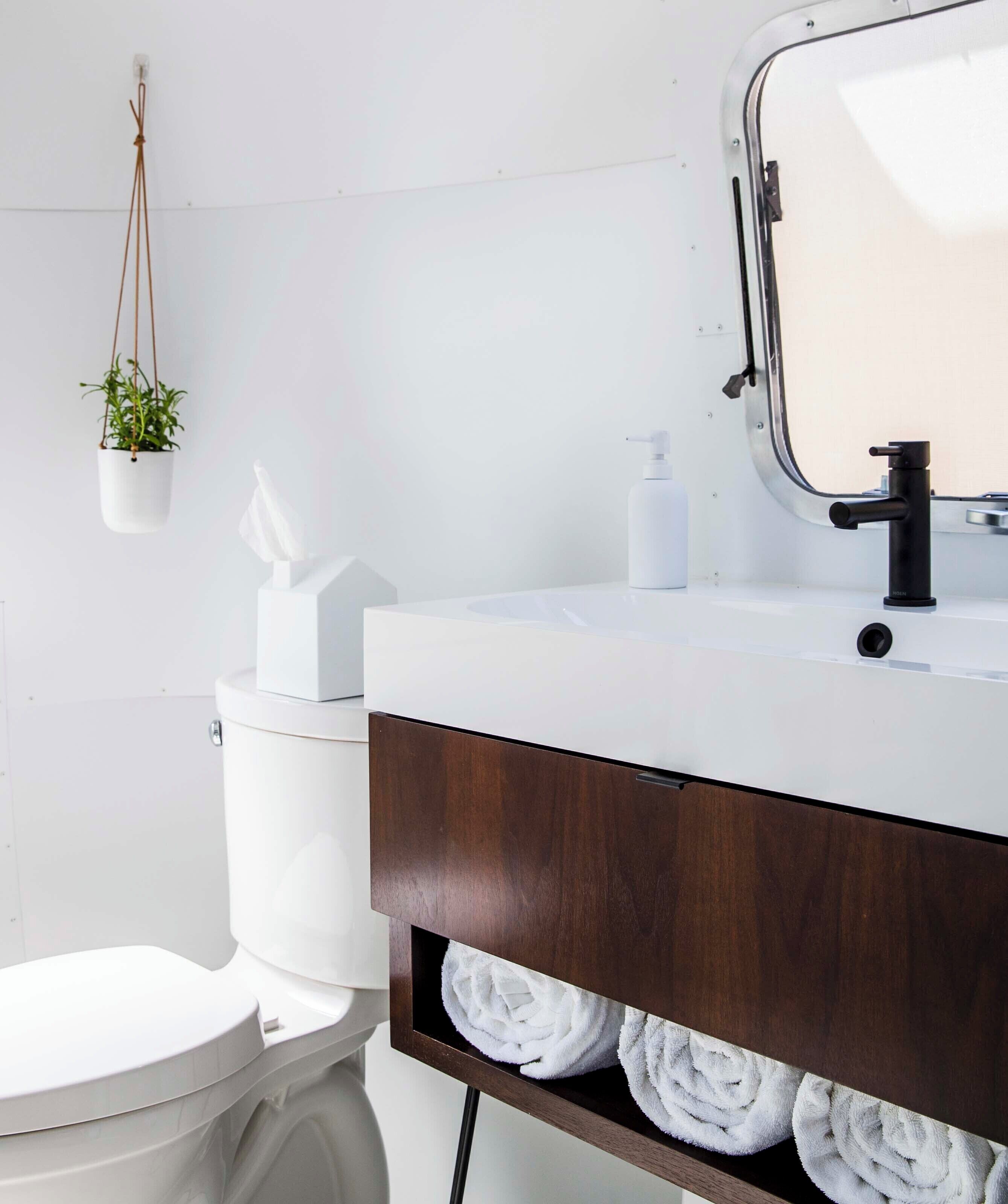 Une salle de bain avec des toilettes blanches, un lavabo blanc avec un meuble-vasque en bois foncé, une plante suspendue, une bouteille blanche et un porte-serviettes avec des serviettes.