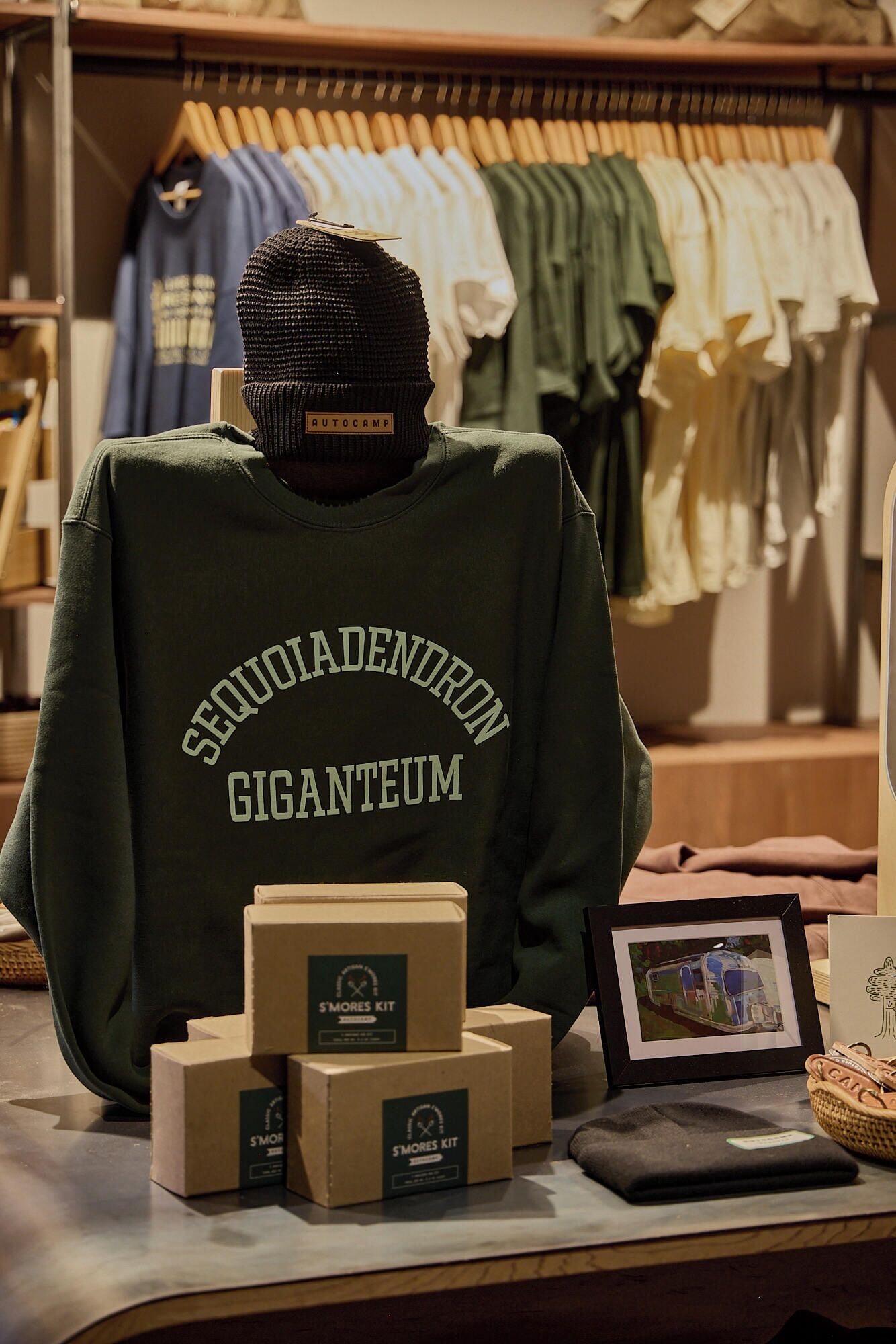 A person wearing a green sweatshirt with the text "SEQUOADENDRON GIGANTEUM" and a black beanie labeled "AUTOCAMP". In front of the person are three boxes labeled "S'MORES KIT".