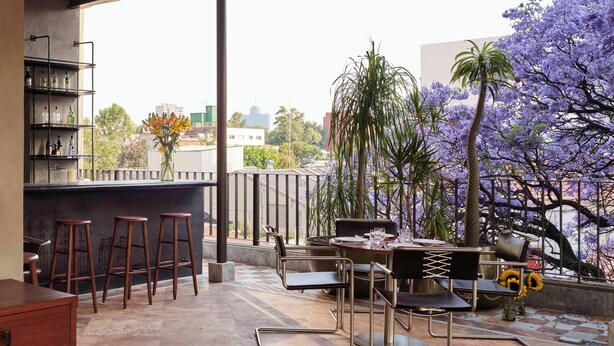 A covered outdoor seating area with a bar, stools, and a view of purple flowering trees. - Hotel Dama (Mexico City)
