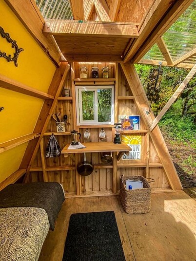 Comfy Creekside A-Frame w/ Firepit, Sauna, and BBQ