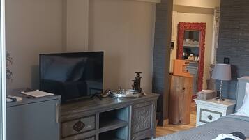 Un dormitorio con cama, televisor, cómoda, mesita de noche y espejo.