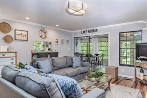 Smart TV, fireplace, books