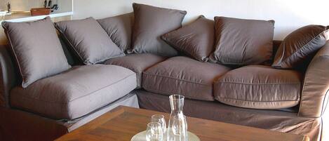 A sectional sofa with multiple cushions, a wooden coffee table with a glass pitcher and glasses, and a white plate.