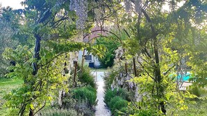 A pathway leading to a white building surrounded by lush greenery and hanging flowers.