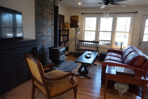 Smart TV, fireplace, video games, DVD player