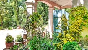 Un jardín exuberante con diversas plantas y un arco de piedra.