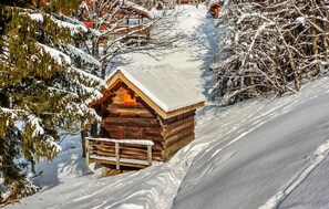 A wooden cabin with a snow-covered roof, surrounded by snow-laden trees and a snowy slope.