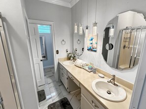 Hair dryer, towels, soap, shampoo