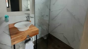Shower, hair dryer, bidet, towels