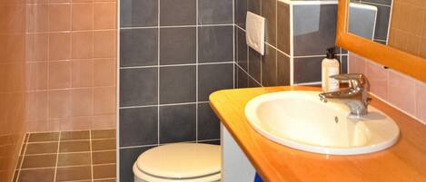 Un baño con inodoro, lavabo y espejo.