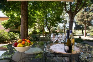A glass table with a bowl of fruit, two wine glasses, and a bottle of wine in an outdoor setting with trees and greenery.