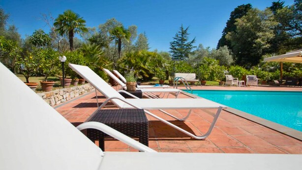Un espace aménagé au bord de la piscine, avec des chaises longues, une piscine et une végétation luxuriante tout autour.