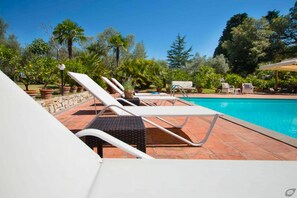A poolside area with lounge chairs, a swimming pool, and surrounding greenery.