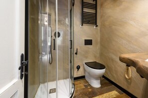 Douche, sèche-cheveux, serviettes fournies, shampoing
