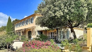 A Mediterranean-style building with a stone facade, multiple windows, and a large tree in the front yard.
