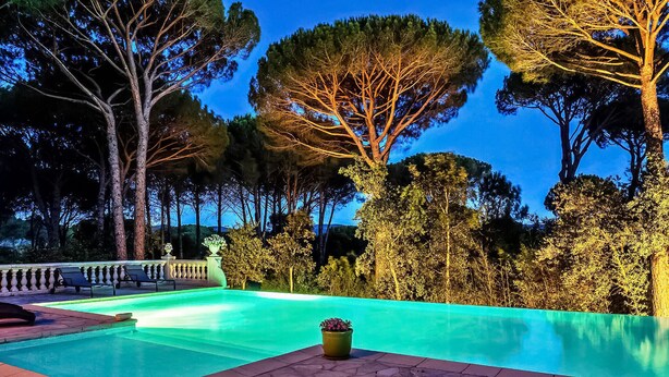 A swimming pool with a stone deck, surrounded by trees and a railing.