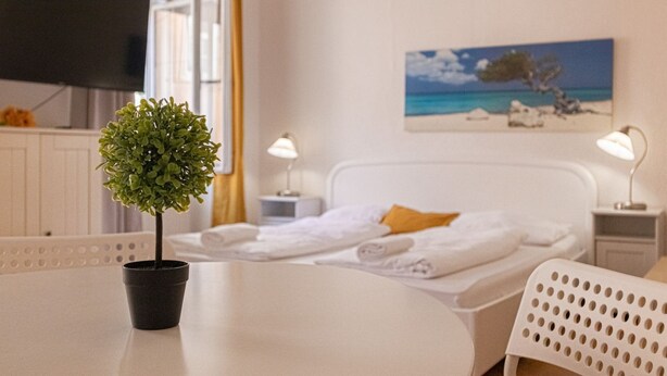 Une chambre d’hôtel avec un lit, une petite plante en pot, un tableau représentant une plage et un téléviseur.