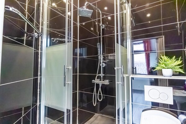 Shower, hair dryer, bidet, towels