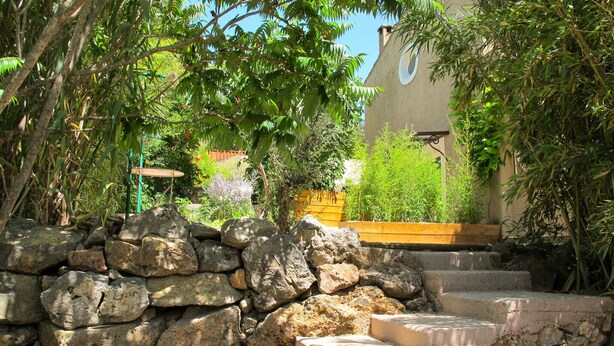 Un jardí amb escales de pedra que condueixen a una banca de fusta, envoltat de plantes i arbres diversos.
